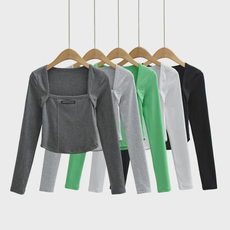 Crop top da donna con scollo quadrato, design a lisca di pesce, strisce piccanti, maniche lunghe