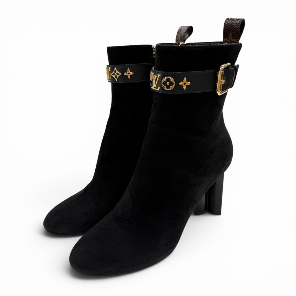 Great LOUIS VUITTON Short Boots Black Suede Leather Women 36.5 Used