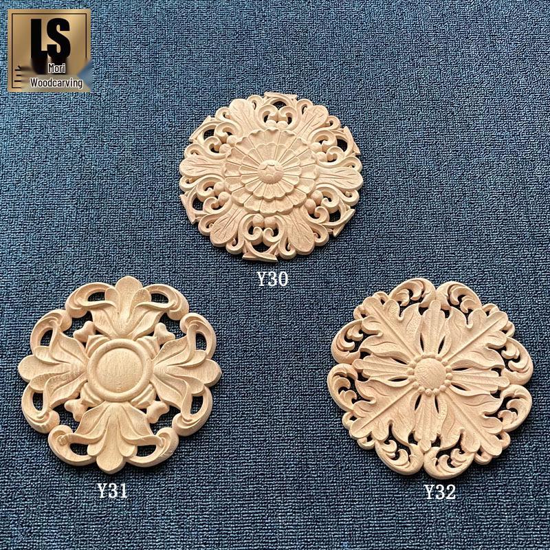 

European Style Carved Round Wood Floral Door and Wardrobe Decoration Y32 Style, 8cm