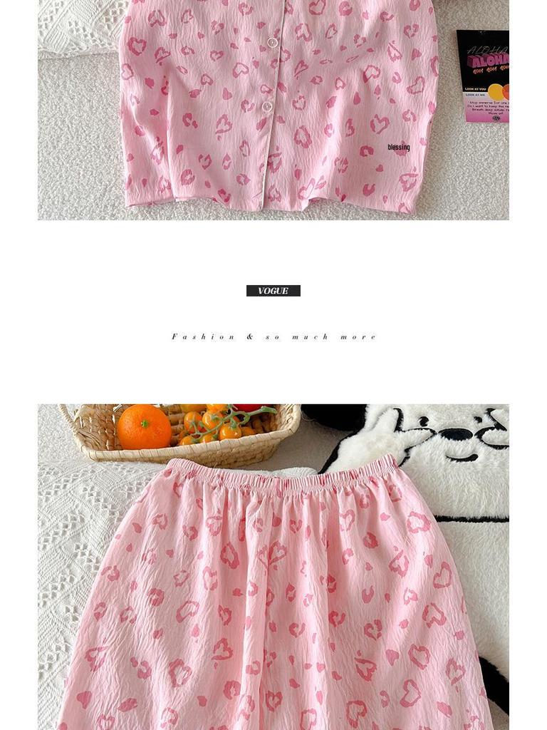 Leopardenmuster Herz Kurzarm-Pyjama-Set: Damen Sommer Wolkenbaumwolle Dreiteiliger Loungewear