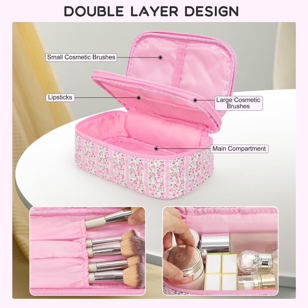 For Portable for Zipper PU Dual-layer Cosmetic Bag Makeup Pouch Brush Holder Multi-Functional for Organizer Travel