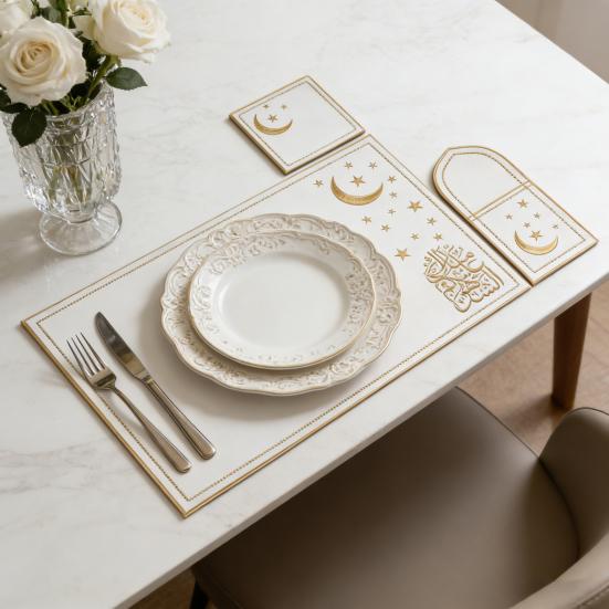 1 Set Star Moon Eid Placemat Faux Leather Embroidered Waterproof Placemat Cutlery Holder Coaster for Ramadan Dinner Home Islamic Holiday Party Decor