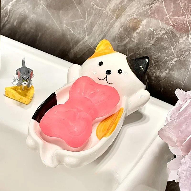 Cute Cartoon Cat Jewelry Tray Creative Ceramic Soap Drain Rack Fun Bathroom Decoration Space Saving Soap Box Home Decorations