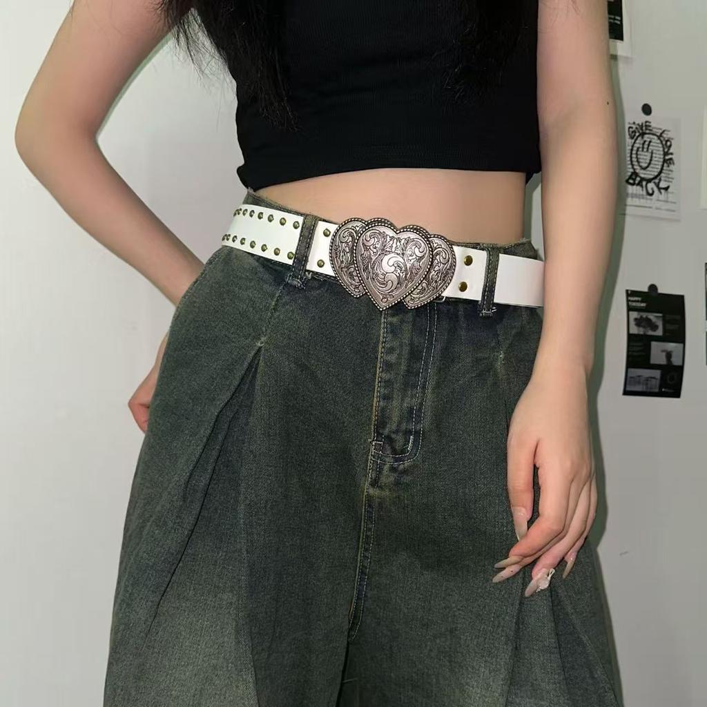American retro denim design belt personalized yk rivet belt love belt Korean version versatile