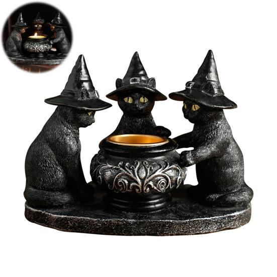 Halloween Czarny Kot Świecznik Gotycki Żywiczny Kot z Kapeluszem Czarownicy Statuetka Podstawka na Świeczkę Tea Light do Wewnętrznej Imprezy Kominkowej Stolik Kawowy Dekoracja Środkowa