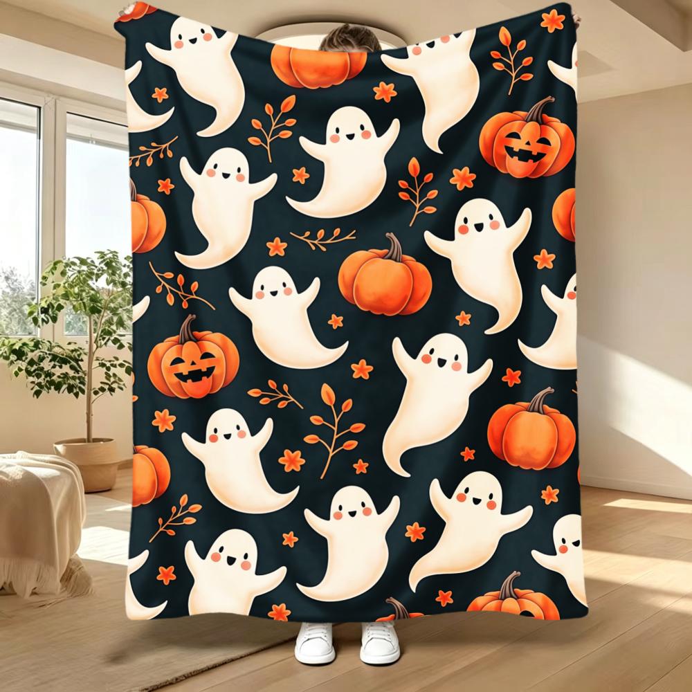 1pc Flannel Throw Blanket, Halloween Theme Print, Soft Fleece Blanket with Orange And White Color Scheme, Soft HD Digital Print, Multi-Purpose Warm Bl