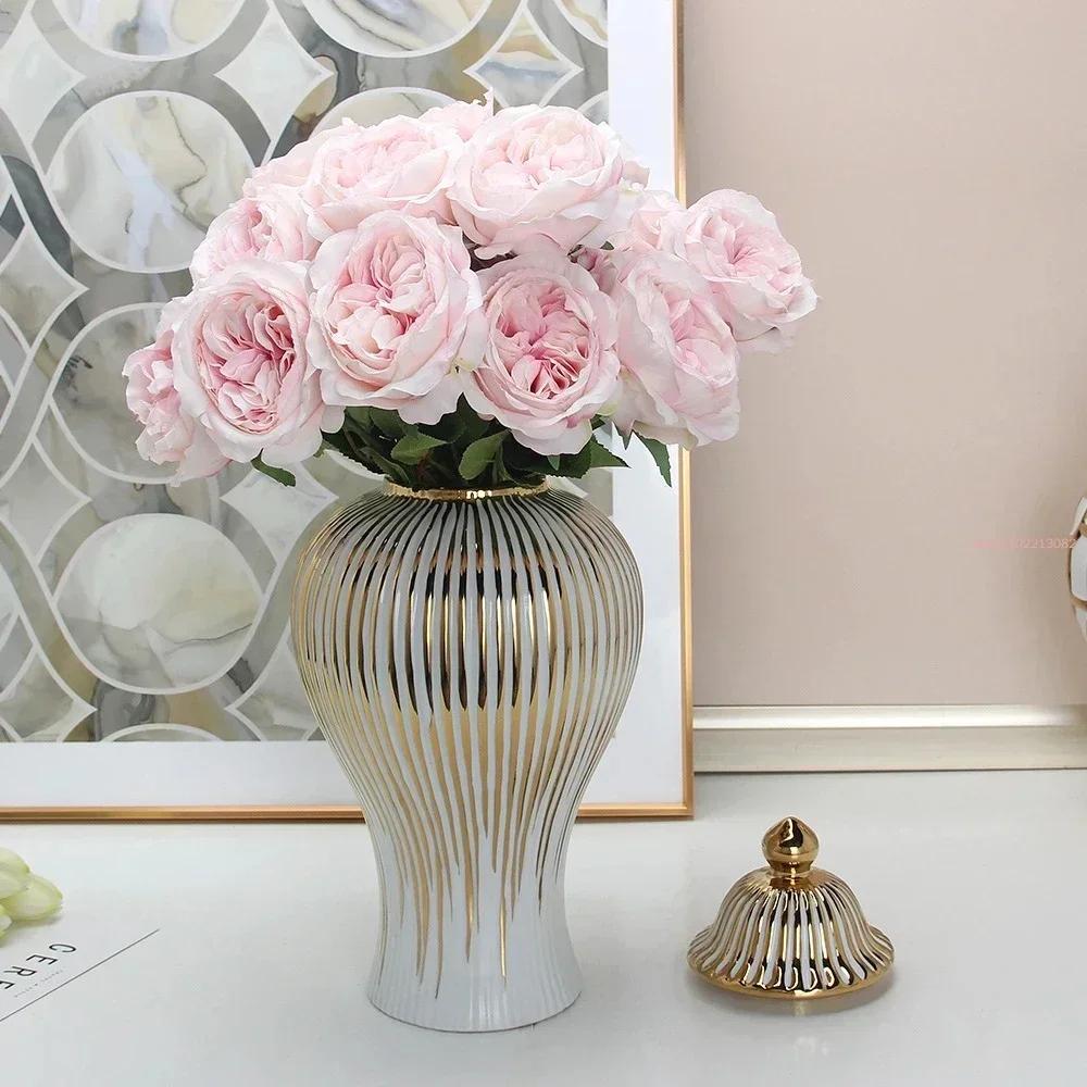Ceramic Vase Universal Jar with Lid Golden Stripes Decor Ginger Jar Storage Bottle Desktop Porcelain Ornaments Home Decor Vase