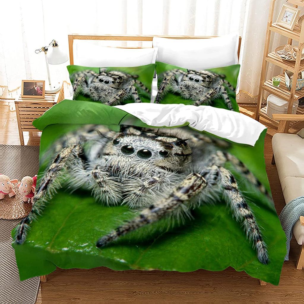 3D Print White Jumping Spider Duvet Cover Set Microfiber Comforter Cover King Queen Full Size With Pillowcase For Boys Men Teens