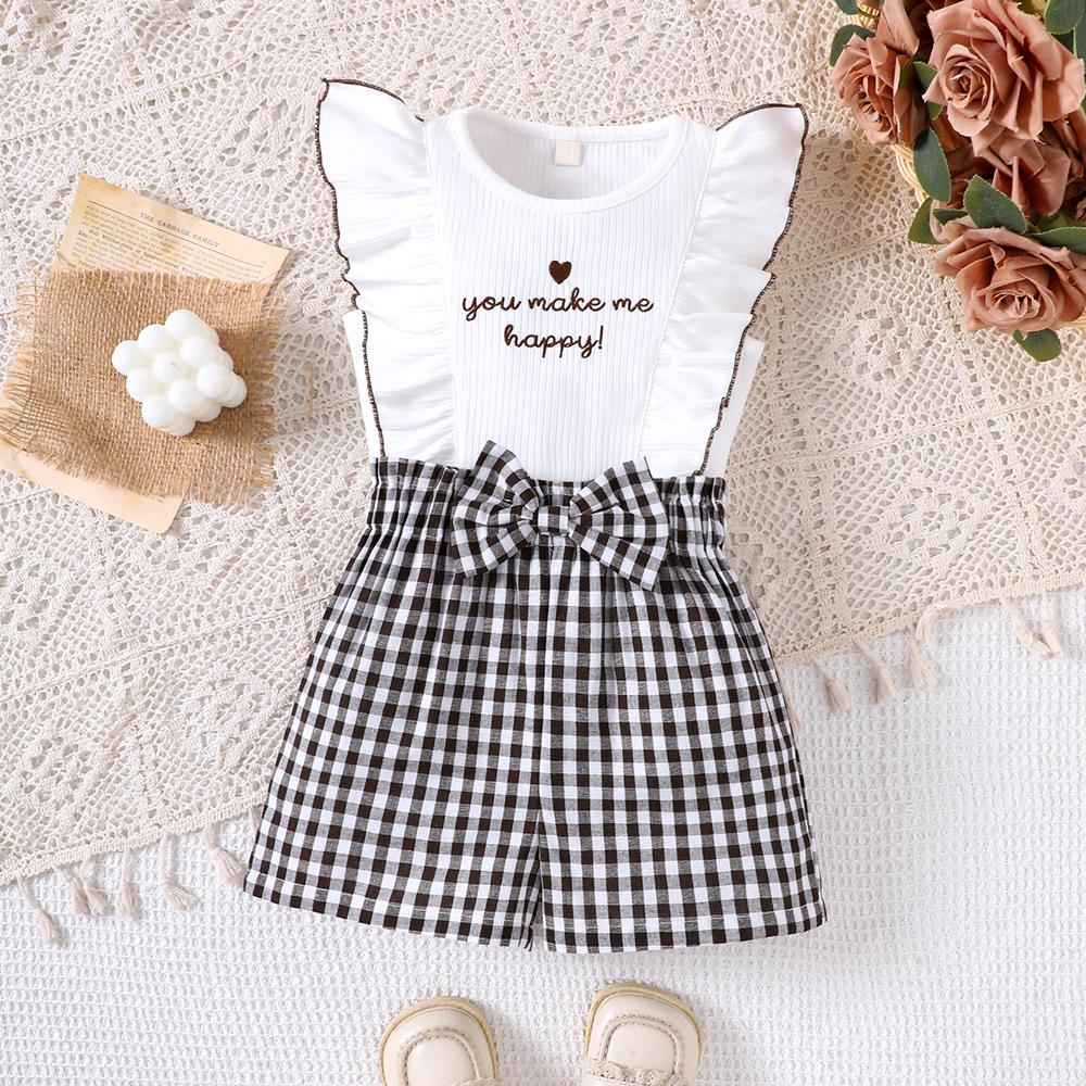 Girls  spring and summer new letter embroidered top plaid shorts two-piece casual set 2-3Y белый