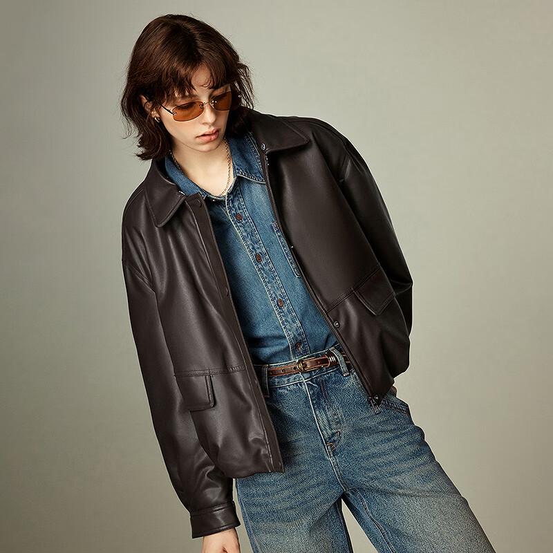 Chuyu Damen Winter Jacke mit Kragen aus Kunstfell und PU-Leder