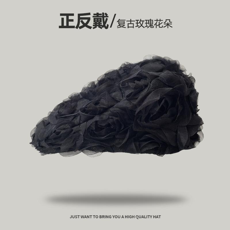 Korean Spring/Summer Niche High-End Rose Flower Beret for Women, Vintage Stylish Beret, Painter's Hat