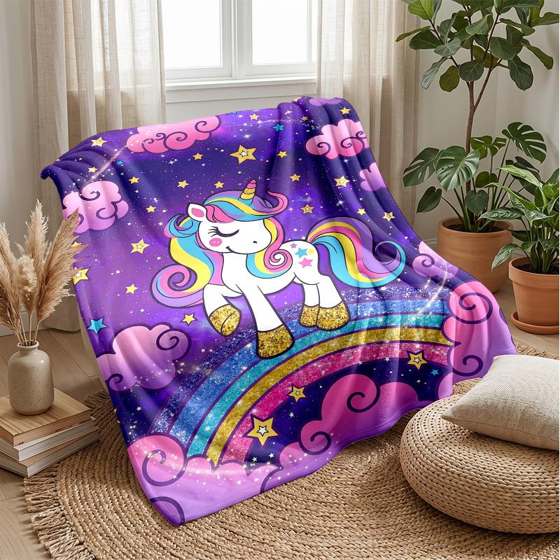 Rainbow Unicorn In Galaxy Theme Blanket Lightweight Warm Flannel Blanket Decorative Throw Blanket for Home Decoration