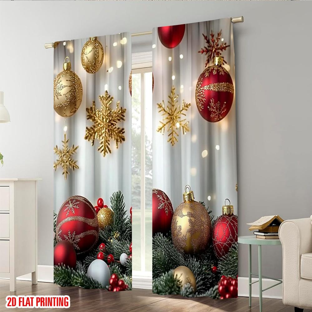 2pcs 2D flat printing Curtain Red and Gold Ball Pine Branch Snowflake Polyester Without Electricity 0 for Multipurpose Event