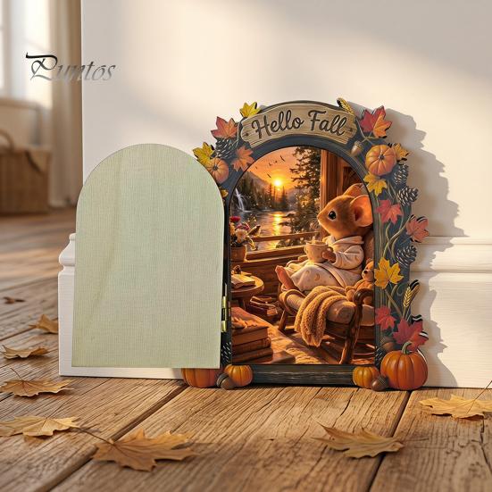 Decorative Baseboard Elf Door Wooden Halloween Decor, 2D Fairy Mouse Miniature Wall Autumn Theme Tale Ornaments Hanging, Rustic Shelf Ornament
