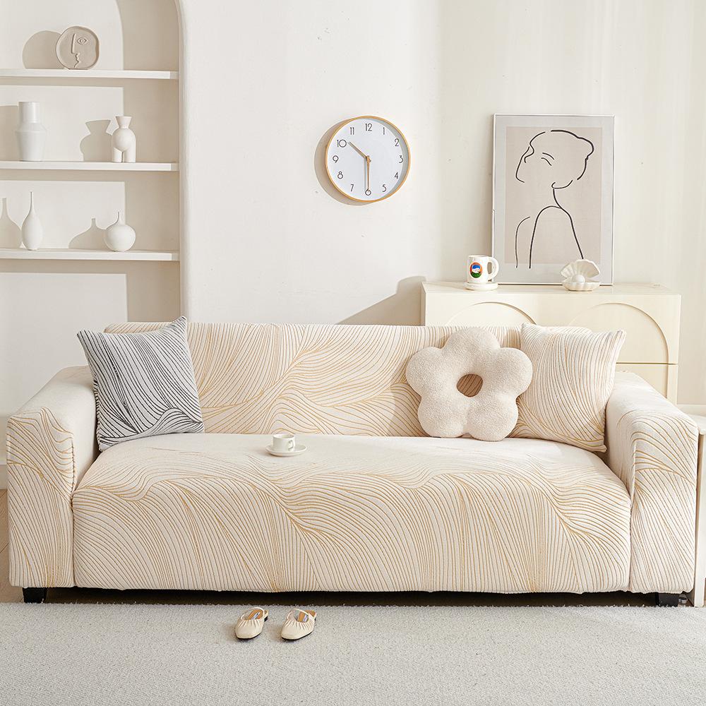 Striped Jacquard Velvet Cream Elastic Sofa Cover Universal Anti Cat Scratch Sofa Cover All Inclusive Universal Set Autumn and Winter Cover Fabric
