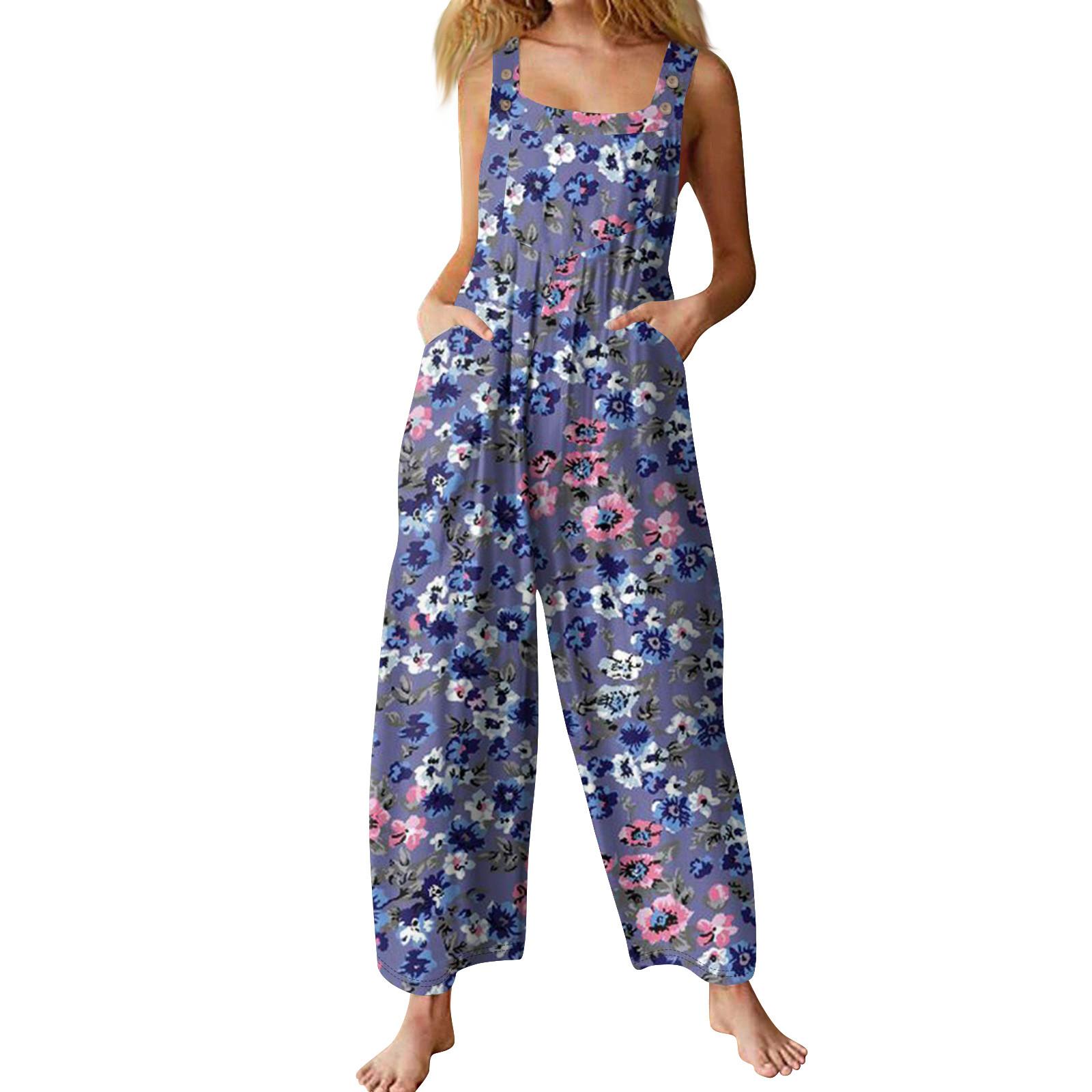 Women s Casual Jumpsuit Sleeveless Popular Floral Print Jumpsuit XL тёмно-синий