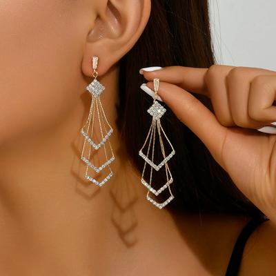 2 Stück hochwertige lange geometrische Damenohrringe mit Diamantfransen und Accessoires für Abendkleider