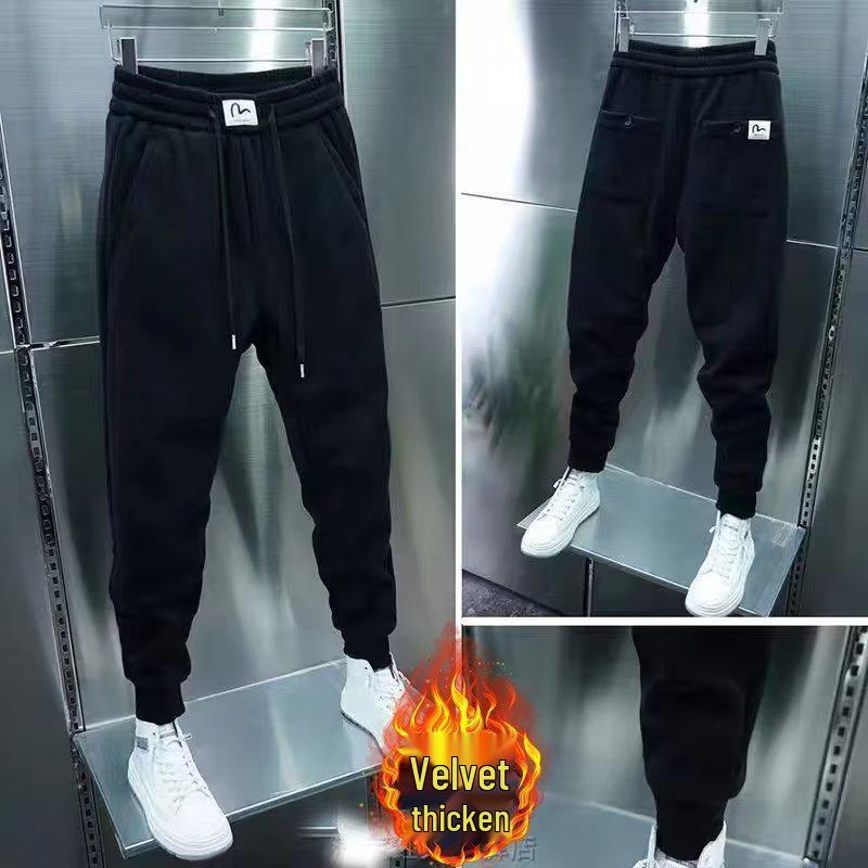 Men's Winter Korean Style Trendy Nine-Point Drawstring Sports Pants with Stretch and Velvet