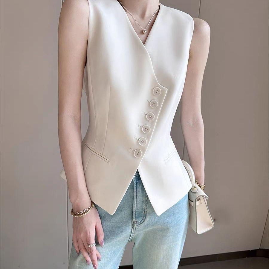 Fashion Diagonal Button Blazer Vest for Women Layered Office Wear Sleeveless Outwear Clothes