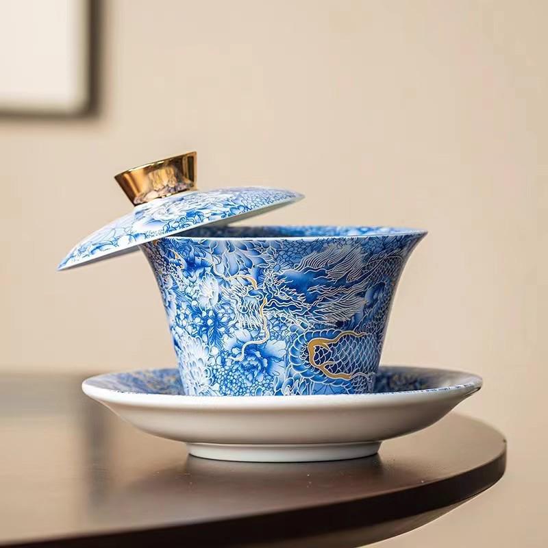 Thangka Jade Sancai Gaiwan Tea Set: High-End Kung Fu Style with Large Hand-Grip Bowl