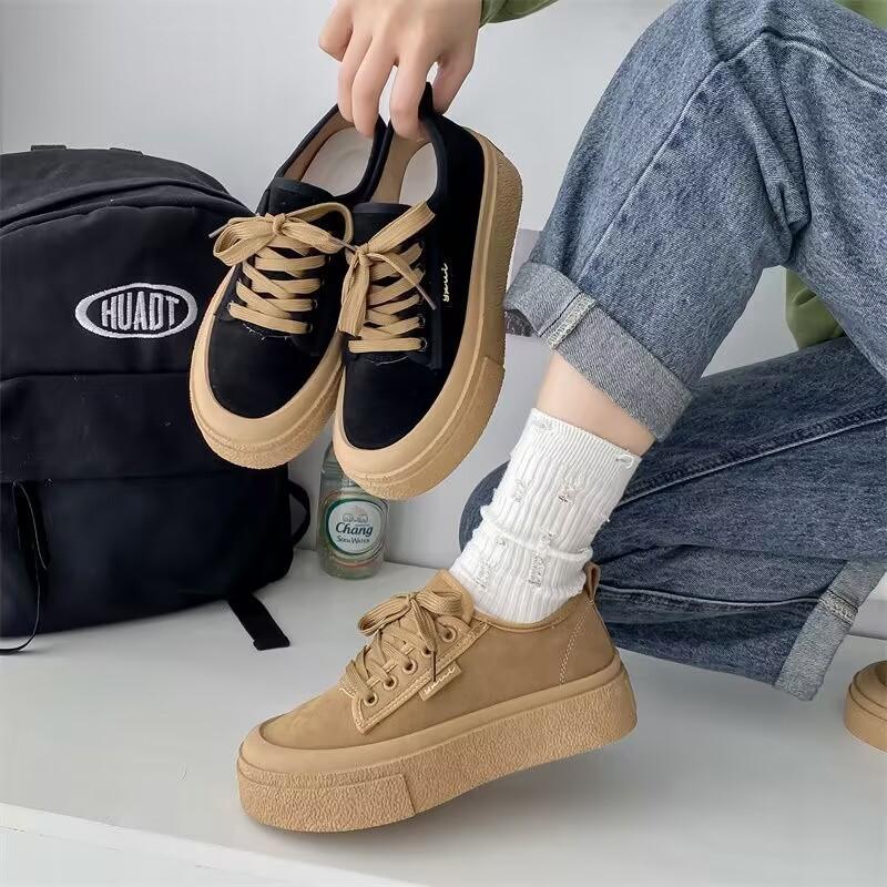 Women's Soft Bottom Slip-On Sneakers Platform Spring Autumn New Versatile Student Rubber Shoes Grid Lining Flat Vulcanized Shoes