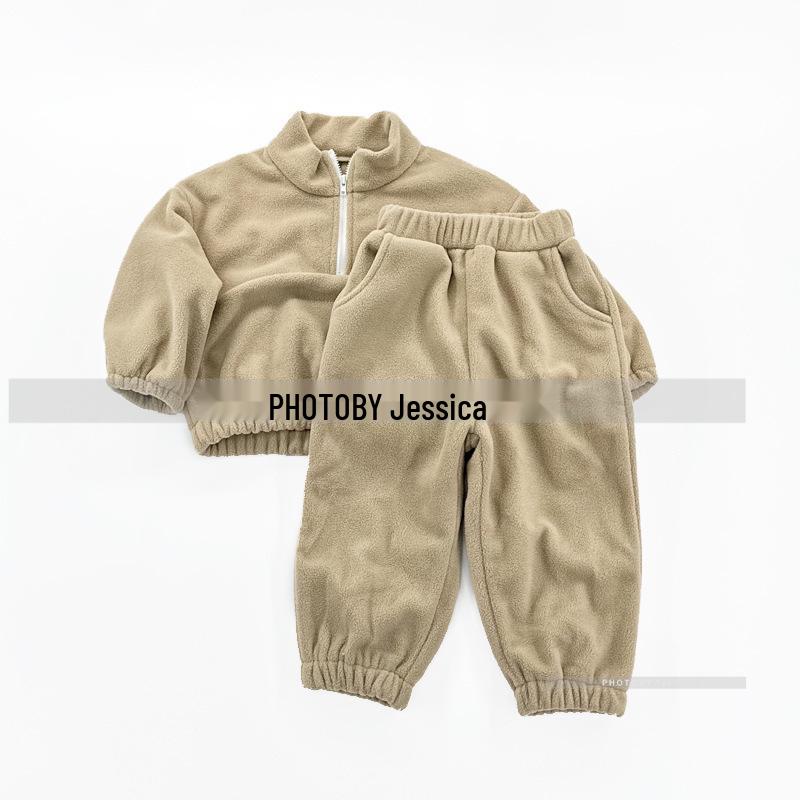 Korean Style Winter Fleece Set: High Neck Half-Zip Top & Joggers for Boys and Girls