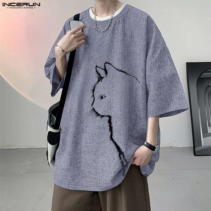 INCERUN Men Oversized O Neck Short Sleeve Print Casual Loose Fit T-shirts Tops College Style