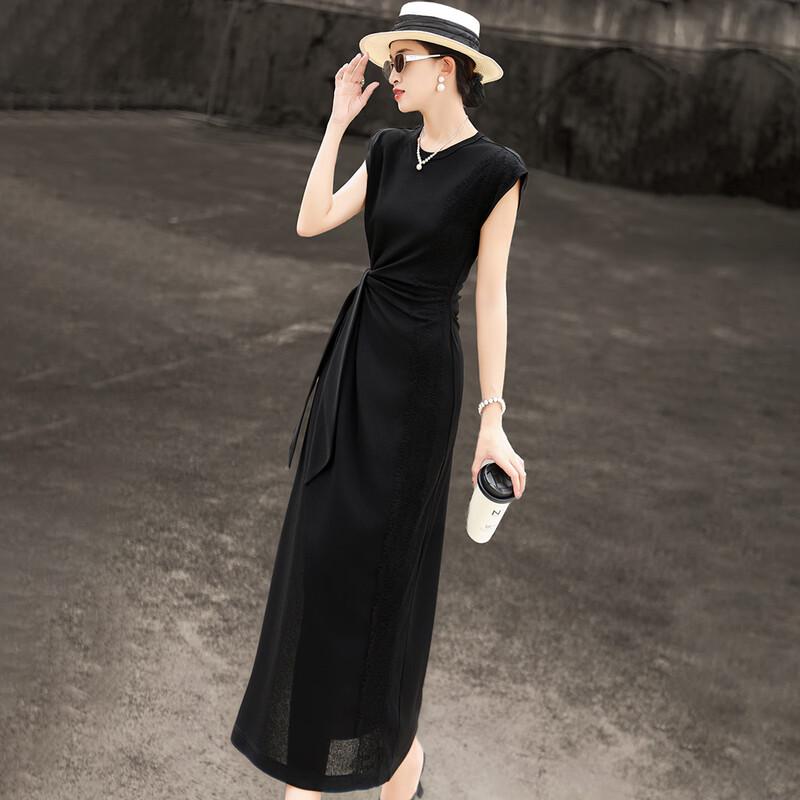 Lanseer Elegant Lace Panel Tie-Waist Midi Dress