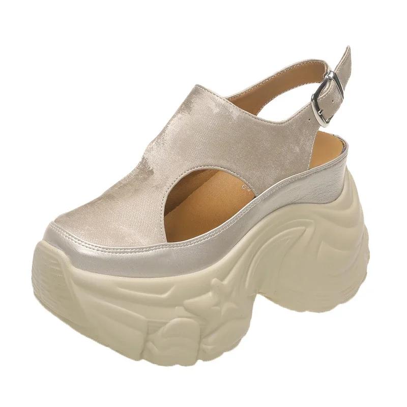 Fashion 9CM PU Microfiber Leather Breathable Sandals Flats Slipper Shoes Summer Round Toe Slip On Women Platform Wedge Flats High Brand