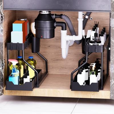 Yousheng Kitchen Under Sink Storage Rack with Hooks Double-layer L-shaped Large Capacity Pull-out Organizer Bathroom Under Counter Storage Shelf