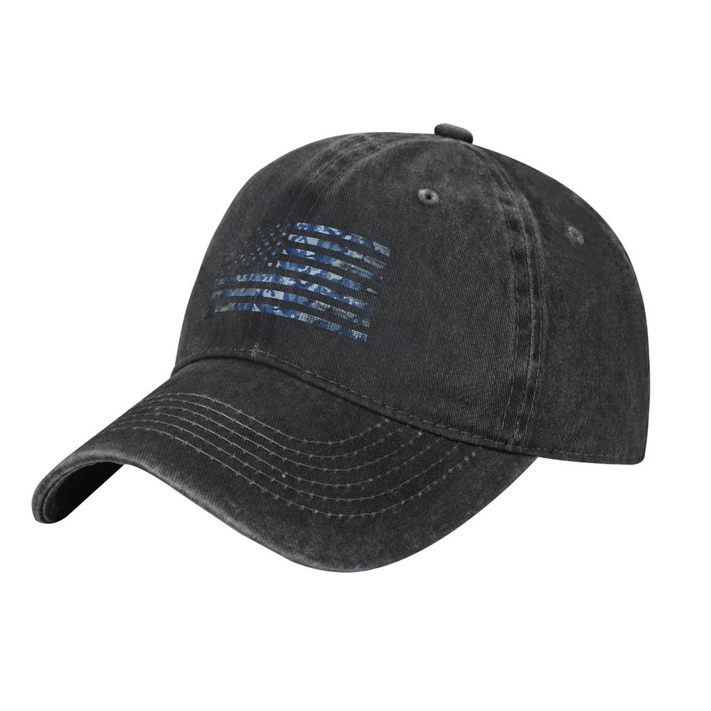 Blue Camo Thin Line Flag Washed Baseball Cap Distressed Denim Adjustable Casual Hat