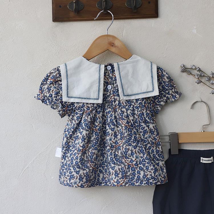 Korean Kids' Floral Two-Piece Summer Set: Girls' Short Sleeve Doll Shirt and Shorts