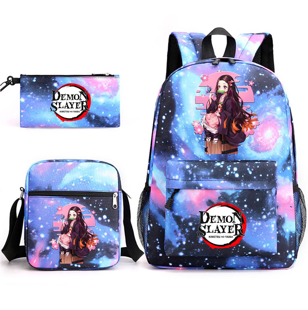 3Pcs/set Anime Demon Slayer Printed Backpack with Shoulder Bag Pencil Case for Teenager Student Boy Girl Large Capacity Waterproof Schoolbag
