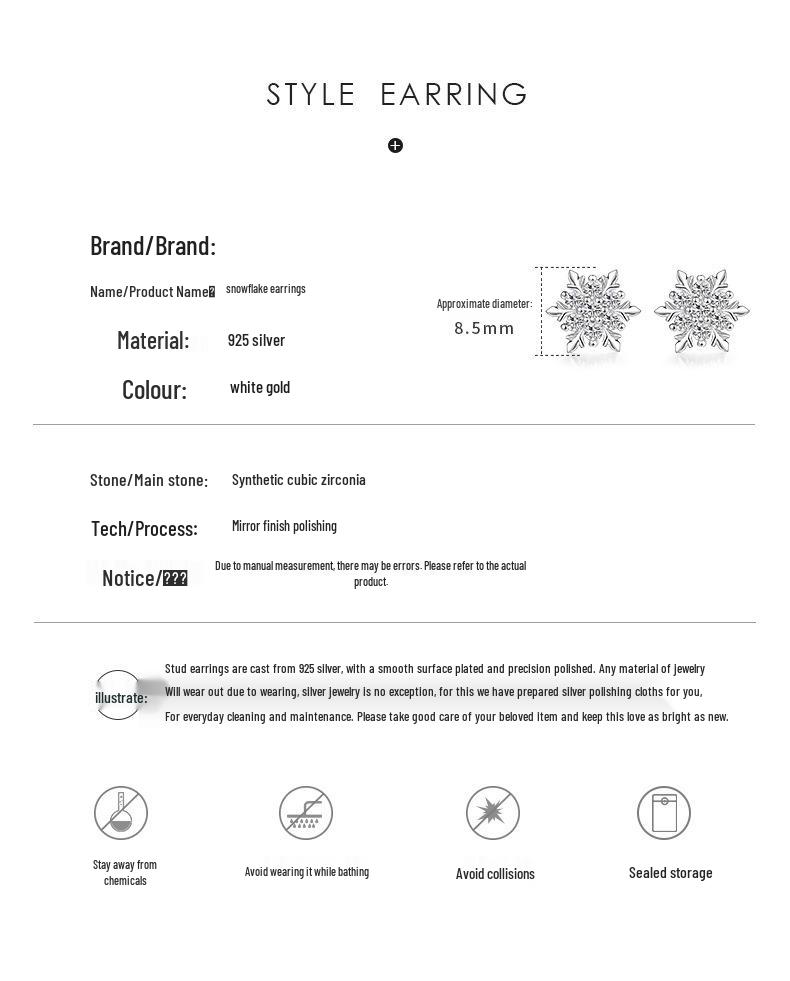 S925 Sterling Silver Snowflake Stud Earrings for Women - Korean Style, Fashionable, Versatile, Simple Christmas Gift.