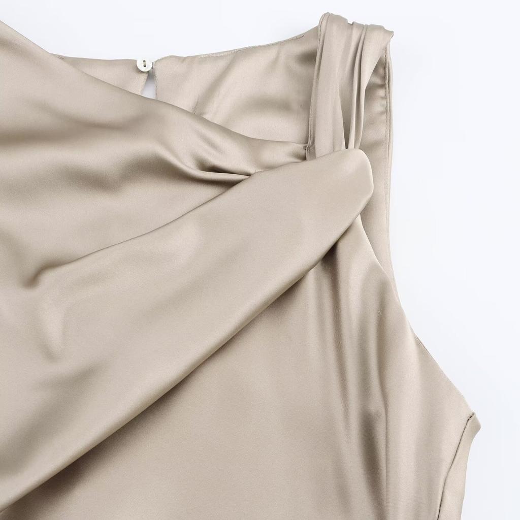 Women's Clothing European and American Style Temperament Slim and Thin Pleated Decorative Silk Satin Texture Dress