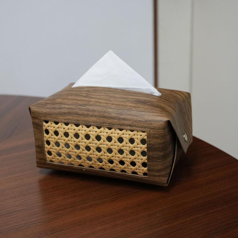

Bedroom living room drawer box modern simple woven hollow leather drawer paper box wood grain tissue box
