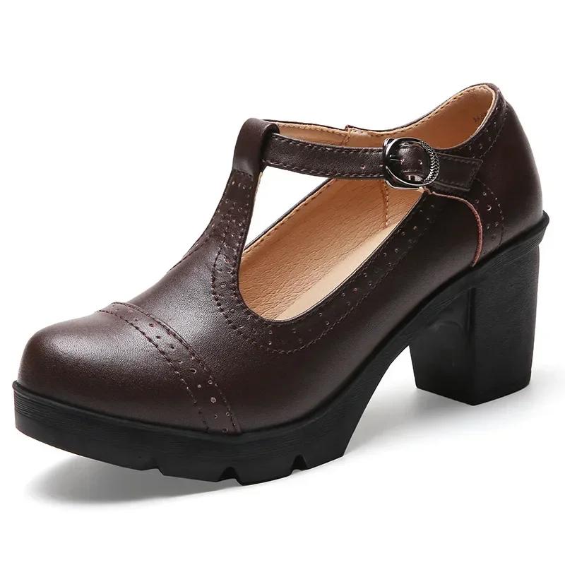 Modă Modă Stil Britanic Pantofi Mary Jane cu Vârf Rotund Piele Decupată Tocuri Pătrate Platformă Retro Pantofi de Dans pentru Femei
