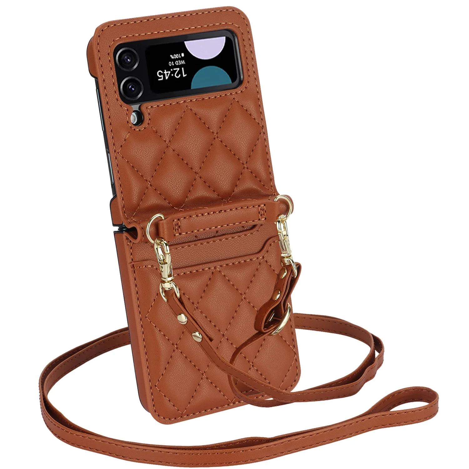 Lanyard Cards Solt Leather Wallet Case for Samsung Galaxy Z Flip 6 5 4 3 5G Flip5 Flip6 Purse Bag Crossbody Strap Pocket Cover For Samsung Z Flip 4 коричневый
