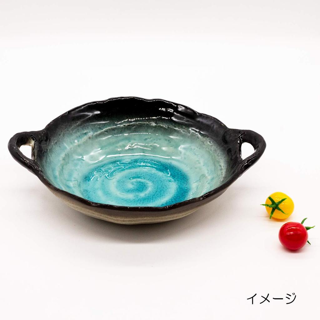 Mino ware handmade bowl, approx. 26 x 21 x 6 cm, Shinkai glaze, made in Japan 508-15