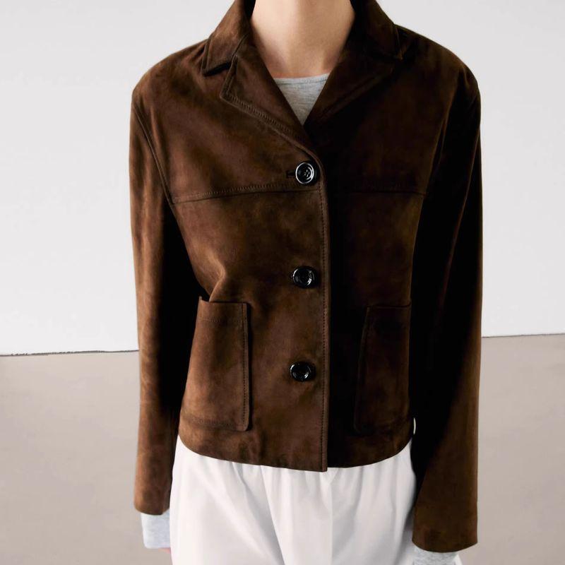 Spring New Women's Fashion Old Money Style Accessible Luxury Fancy Brown Suede Leather Short Leather Jacket 4716826