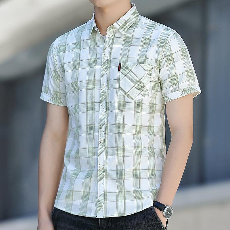 Letní nová košile s krátkým rukávem pánská s kapsami trendová nežehlivá ležérní košile pánská kostkovaná palcová košile tide