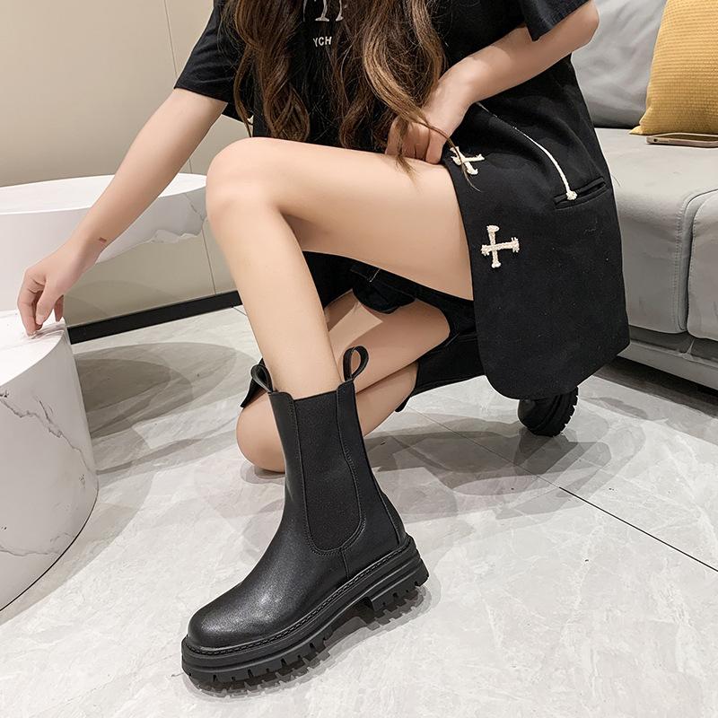 Large size thick heel thick-soled Martin boots for women 0000 Winter new British style versatile elastic belt Martin boots for women