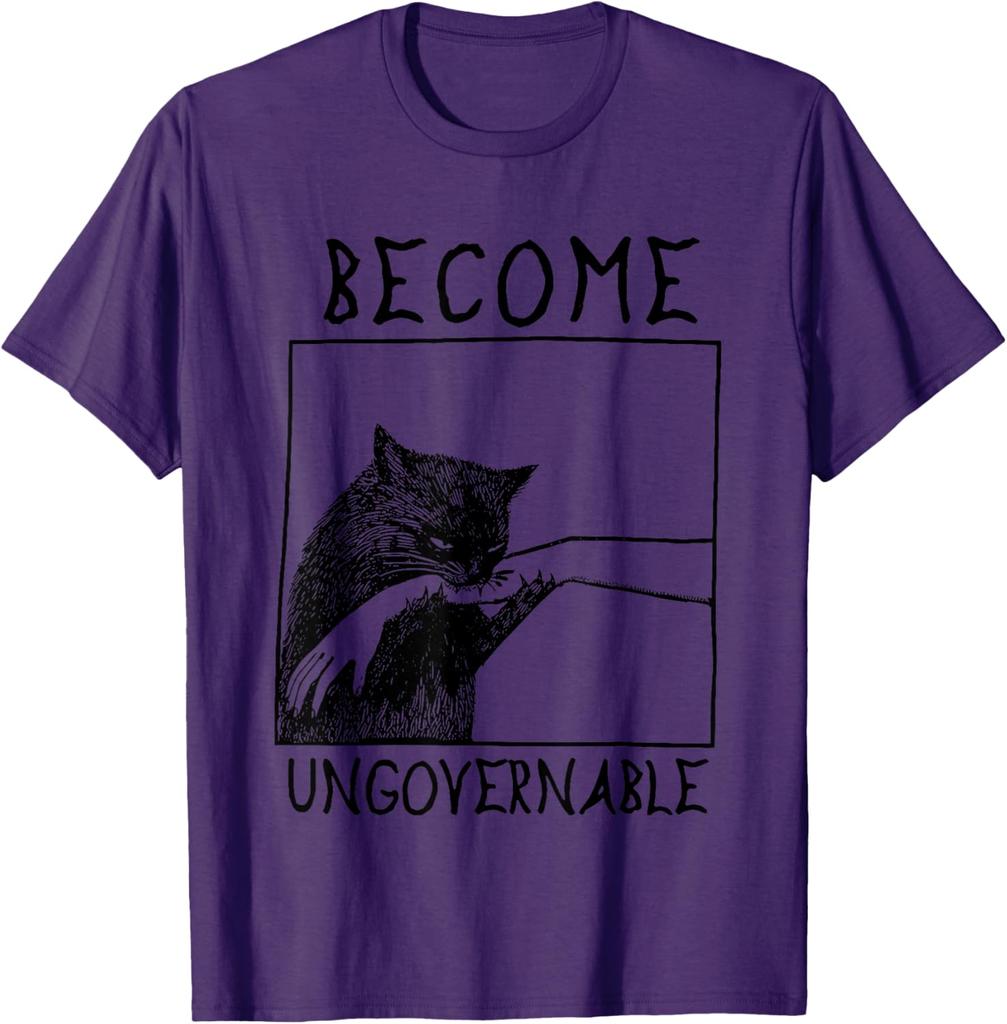 Become Ungovernable Biting Cat Meme Graphic Tee Cotton Casual Crewneck T-Shirt for Daily Wear