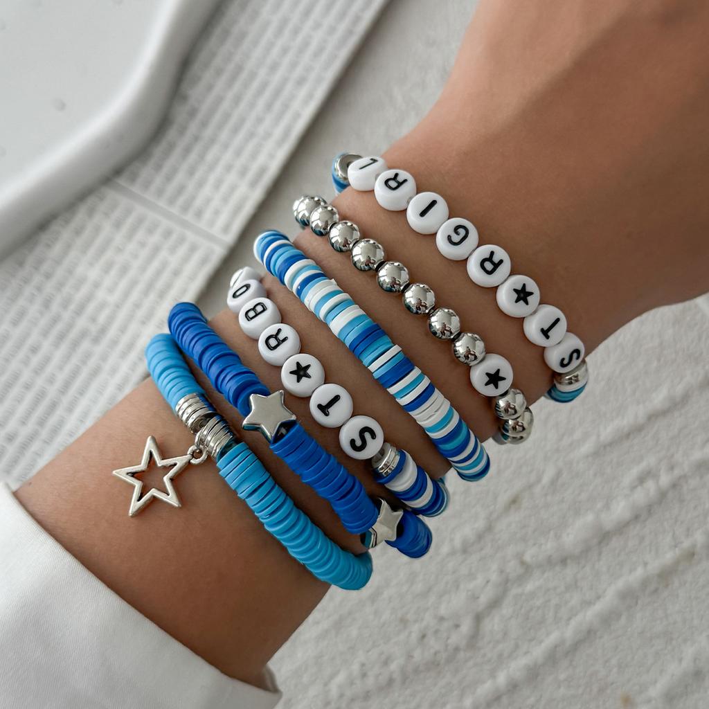 Creative Color-Block Alphabet Clay Stretch Bracelet-Stackable CCB Star Pendant Hand Jewelry Cute Daily Accessory for Fashion Lovers