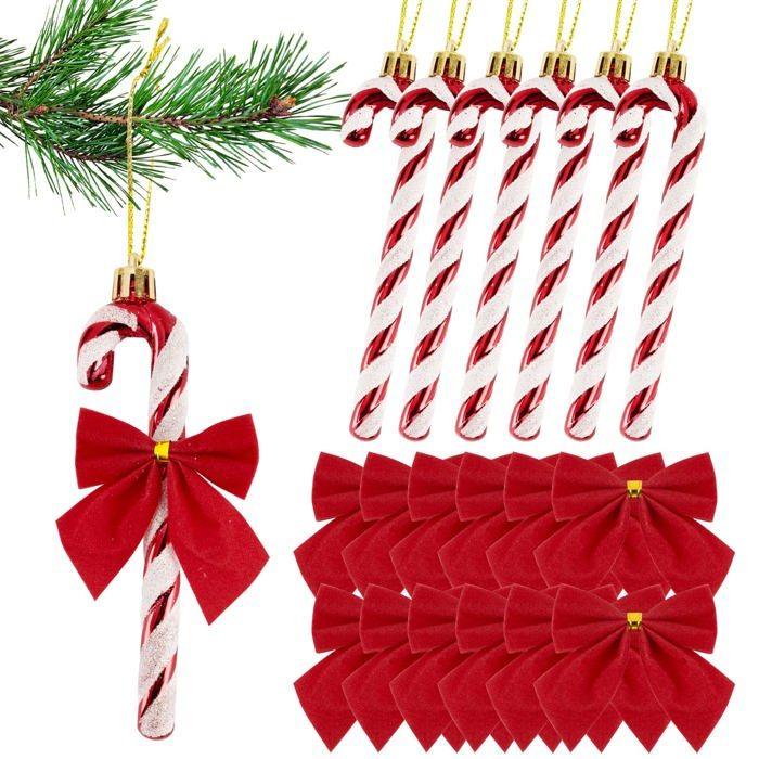 Colofalla - WET00594 - 6PCS Cannes De Bonbons Avec 12PCS Noeuds De Ruban Rouge Decorations Ornements De Sapin De Noel Cadeau