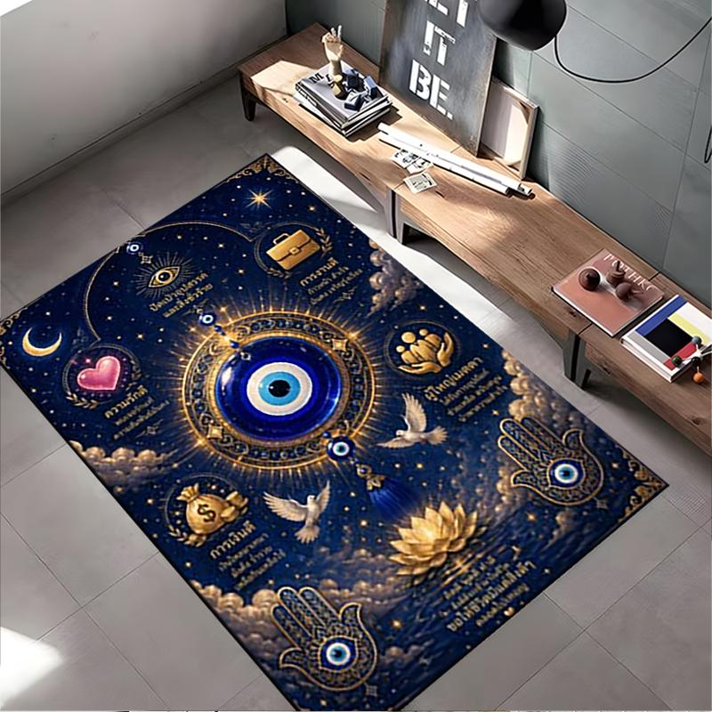 Spiritual Area Rug, Evil Eye Hamsa Blue Lotus Luck Poster, Living Room Decor, Non-Slip Mat