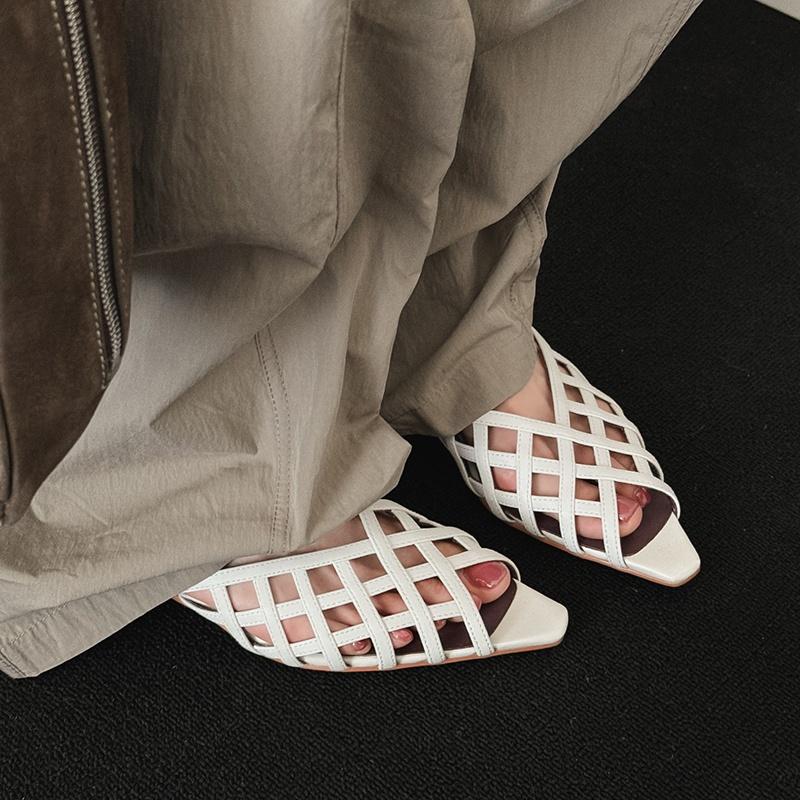 Fashion 2025 Summer Women Genuine Leather Sandals Brand Narrow Slingback Sandals Open Toe Low Heel Shoes Woman Sandalias Slides Women