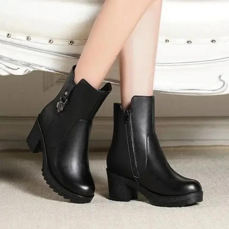 2025New Winter Women's Boots Luxury Casual Leather Boot High Heel Ankle Boots for Women Plush Warm Snow Boot Botas Mujer