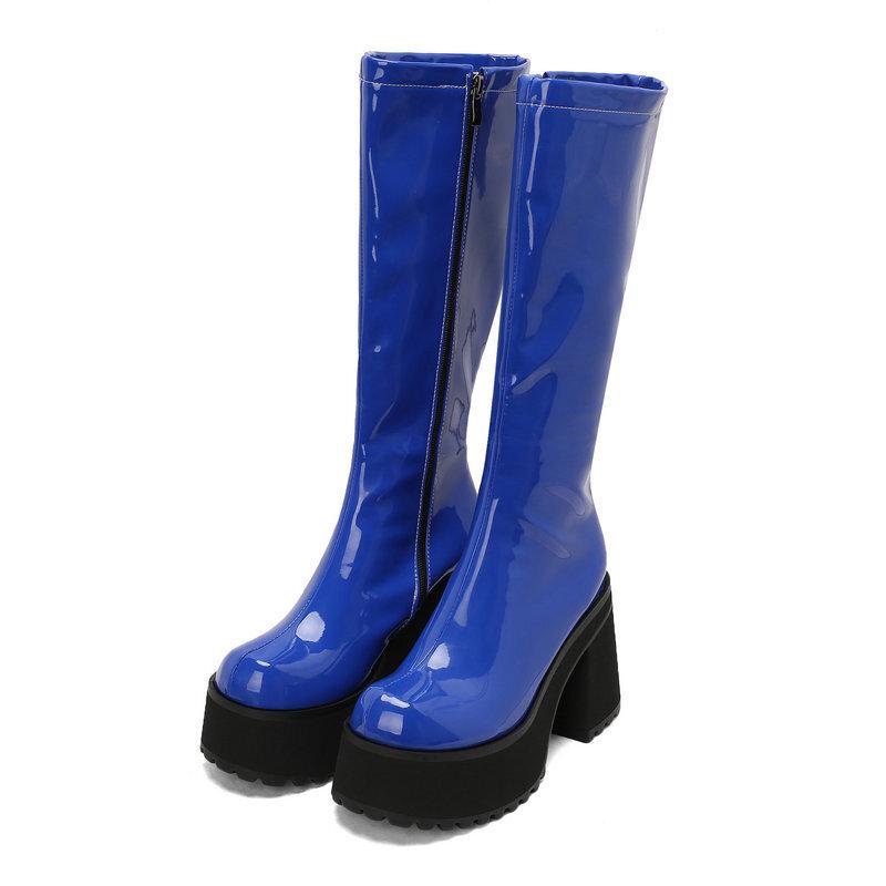  Tall Boots Patent Leather Punk Style Muffin Thick-soled Thick Heel Super High Heel Side Zipper  Knee-length Knight Boots