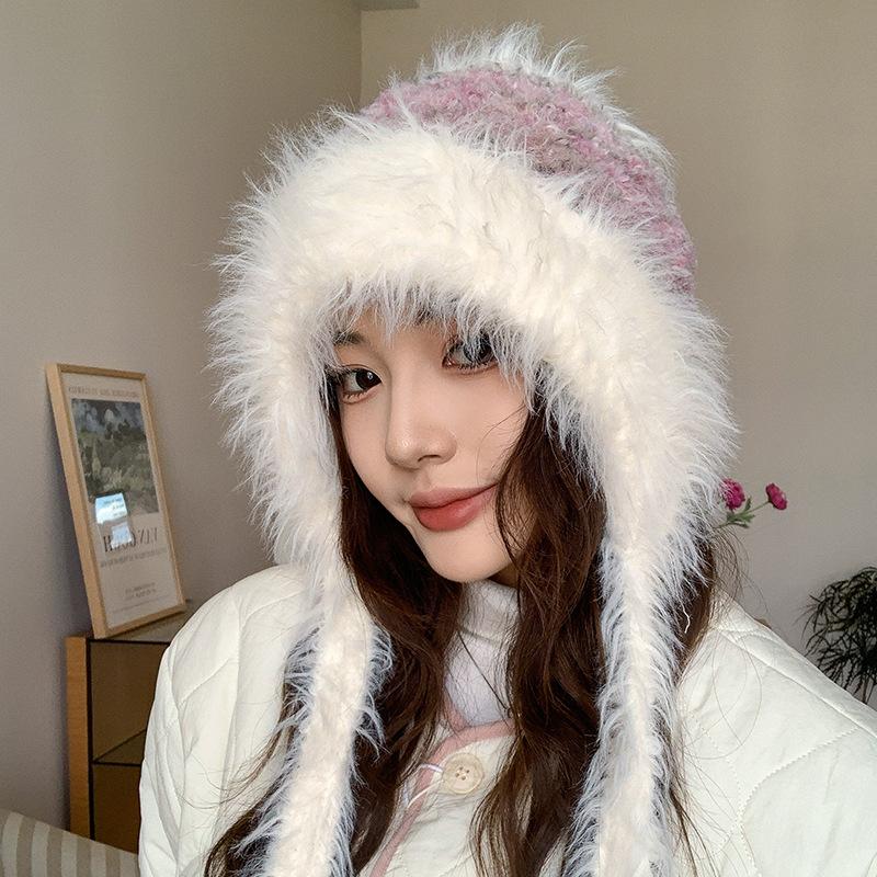 Autumn and Winter New Warm Furry and Cute Ear Protection Hat for Women with Dopamine Straps Korean Style Lei Feng Plush Hat To Keep Out The Cold